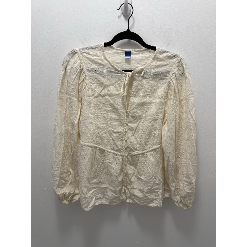 Old Navy Women M Ivory Eyelet Blouse Puff Sleeve Tie Front Cottagecore Boho
